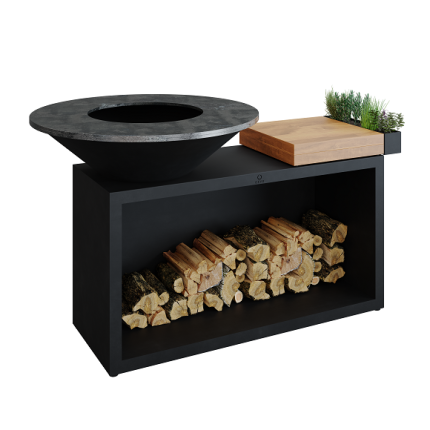 OFYR Island Black 100 Teak Wood, Feuerplatte Grill mit Teakschneidebrett, schwarz