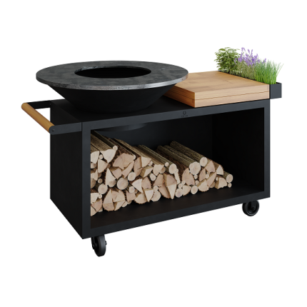 OFYR Island Black 100 PRO Teak Wood, mobile Feuerplatte Grill mit Teakschneidebrett, schwarz