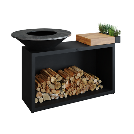 OFYR Island Black 85 Teak Wood, Feuerplatte Grill mit Teakschneidebrett, schwarz