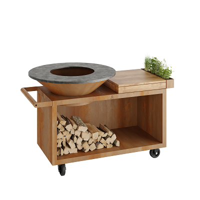 OFYR Island Corten 100 PRO Teak Wood, mobile Feuerplatte Grill mit Teakschneidebrett, corten